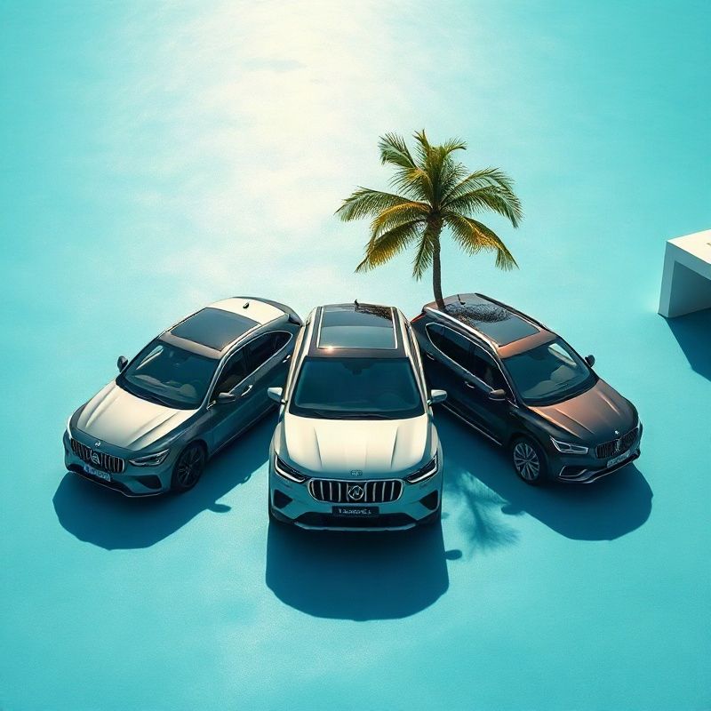 Sedã, SUV e veículo de luxo alinhados em fundo azul de estúdio