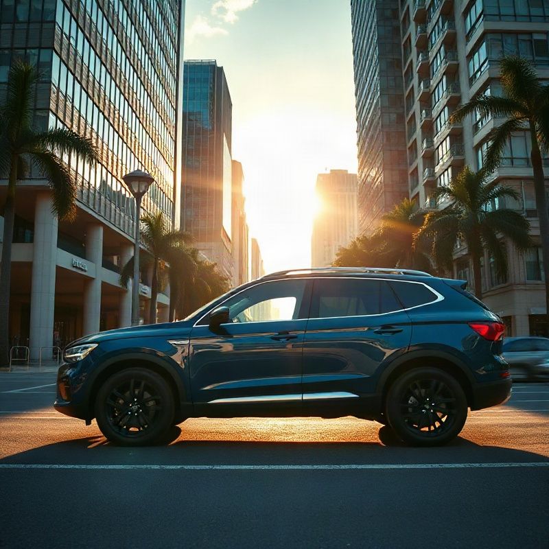 SUV executivo azul-escuro estacionado na Av. Paulista ao pôr do sol